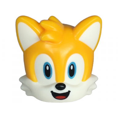 minifigure head modified fox with molded white face and ears and printed medium azure eyes with black irises nose and open smile with red tongue pattern