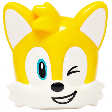 minifigure head modified fox with molded white face and ears and printed wink left and medium azure eye right with black iris nose and open smile pattern