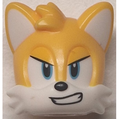 minifigure head modified fox with molded white face and ears and printed medium azure eyes bright light orange eyelids black nose and angry smile pattern