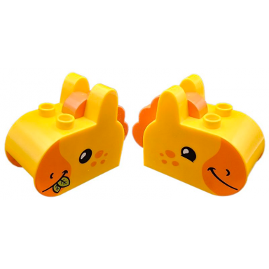 bright light orange duplo brick 2 x 5 x 3 with ears on top with molded reddish orange mane and printed orange muzzle and spots black eyes and lime leaves in mouth horse head pattern