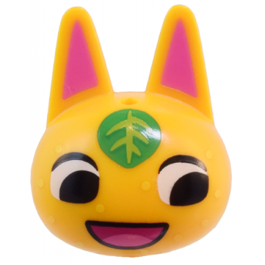 minifigure head modified cat with pointed ears with molded dark pink auricles and printed black eyes green and lime leaf yellow spots and magenta and dark pink mouth pattern