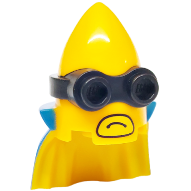 minifigure head modified minion pointed with cape with molded black goggles and printed blue cape and yellow mouth pattern