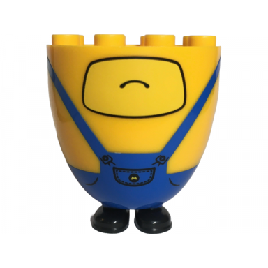 bright light orange lower body rounded extra wide and long short legs with molded black shoes and blue overalls and printed frown on yellow background buttons and pocket with minions letter m logo pattern