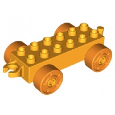bright light orange duplo car base 2 x 6 with open hitch end and orange wheels with fake bolts