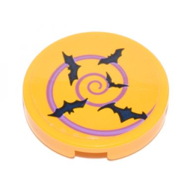 bright light orange tile round 2 x 2 with bottom stud holder with medium lavender spiral and 5 black bats pattern sticker - set 41230