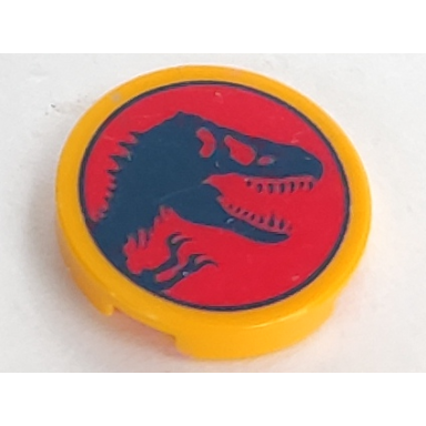 bright light orange tile round 2 x 2 with bottom stud holder with jurassic world logo dark blue dinosaur skull silhouette on red background pattern