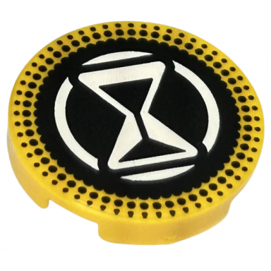 bright light orange tile round 2 x 2 with bottom stud holder with white hourglass and circle on black background with dotted border pattern