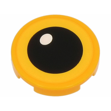 bright light orange tile round 2 x 2 with bottom stud holder with yellow eye black pupil and white glint pattern