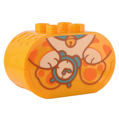 bright light orange duplo brick 2 x 4 x 2 oval with sound white button and debossed music notes with kitten body holding alarm clock pattern