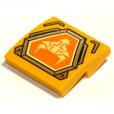 bright light orange slope curved 2 x 2 x 2 3 with bright light yellow bull head on orange hexagonal shield with silver border pattern