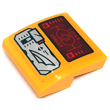 bright light orange slope curved 2 x 2 x 2 3 with silver control panel and lever dark red head-up display hud with red danger and ninjago logogram lock pattern sticker - set 71748