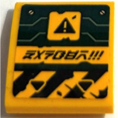 bright light orange slope curved 2 x 2 x 2 3 with dark green hull plates danger stripes exclamation mark in warning triangle and ninjago logogram danger!!! pattern sticker - set 71750
