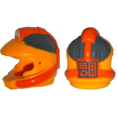 bright light orange minifigure headgear helmet space with pipes and mouth grille with control panel and dark bluish gray and orange markings pattern