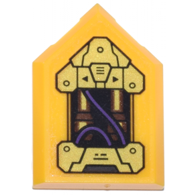 bright light orange tile modified 2 x 3 pentagonal with black and gold mechanical panels dark brown pipes and dark purple wires pattern sticker - set 71837