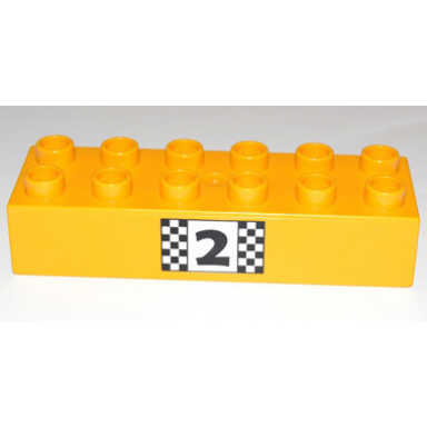 bright light orange duplo brick 2 x 6 with number 2 and black and white checkered pattern