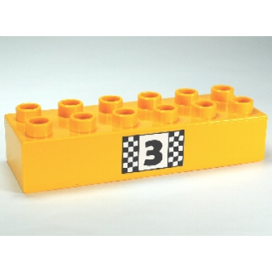 bright light orange duplo brick 2 x 6 with number 3 and black and white checkered pattern