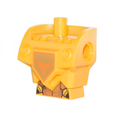 bright light orange torso modified oversized with armor with pin holes with orange and gold circuitry and orange bull head on gold pentagonal shield pattern