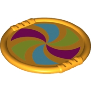 bright light orange duplo utensil disk with magenta lime and medium azure pinwheel pattern