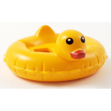 bright light orange minifigure swim ring floatie duck inflatable with black eyes and red bill pattern