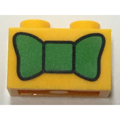 bright light orange brick 1 x 2 with green bow tie pattern