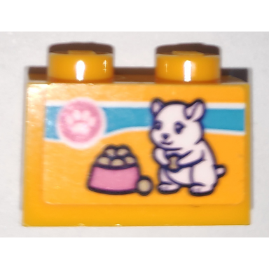 bright light orange brick 1 x 2 with paw print hamster and food bowl pattern sticker - set 41340