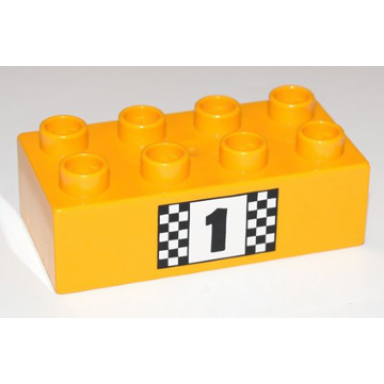 bright light orange duplo brick 2 x 4 with number 1 and black and white checkered pattern
