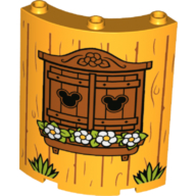 bright light orange cylinder quarter 4 x 4 x 6 with grass flowers mickey mouse heads and wooden shutters pattern