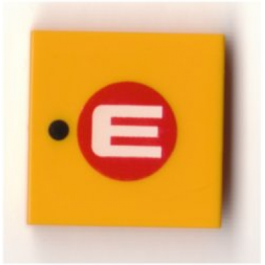 bright light orange tile 2 x 2 with black dot and white e in red circle pattern