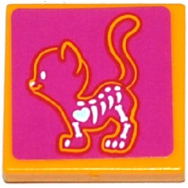 bright light orange tile 2 x 2 with x-ray cat skeleton on magenta background pattern sticker - set 41085