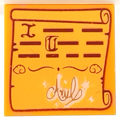 bright light orange tile 2 x 2 with scroll letter and text lines and script ariel pattern