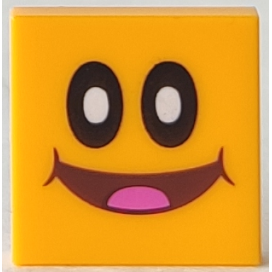bright light orange tile 2 x 2 with black oval eyes with white pupils reddish brown open mouth smile with dark pink tongue pattern super mario pokey face
