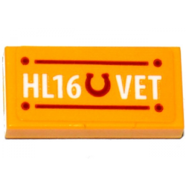 bright light orange tile 1 x 2 with horseshoe and hl16 vet pattern sticker - set 41125