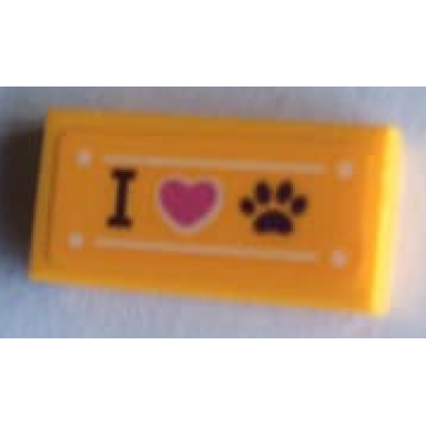 bright light orange tile 1 x 2 with letter i heart and paw pattern sticker - set 41345
