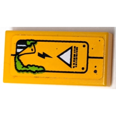 bright light orange tile 1 x 2 with access panel with bright green moss white triangle black electricity symbol rivets lines and dots pattern sticker - set 70134