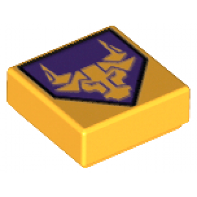 bright light orange tile 1 x 1 with bright light orange bull on dark purple pentagonal shield pattern