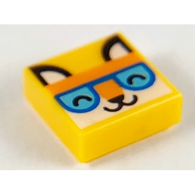 bright light orange tile 1 x 1 with orange fox head closed eyes and blue and medium azure glasses pattern