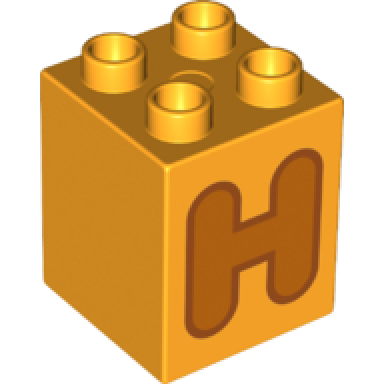 bright light orange duplo brick 2 x 2 x 2 with orange capital letter h with reddish brown outline pattern