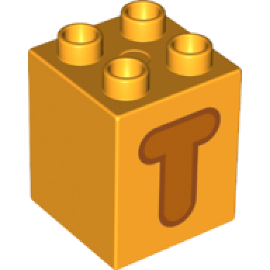 bright light orange duplo brick 2 x 2 x 2 with orange capital letter t with reddish brown outline pattern