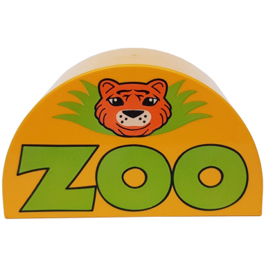 bright light orange duplo brick 2 x 4 x 2 slope curved double with lime zoo and orange tiger head pattern