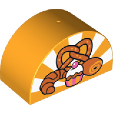 bright light orange duplo brick 2 x 4 x 2 slope curved double with cupcake pretzel croissant and roll pattern
