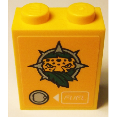 bright light orange brick 1 x 2 x 2 with inside stud holder with leopard head leaves fuel inlet and white arrow and fuel pattern sticker - set 60158