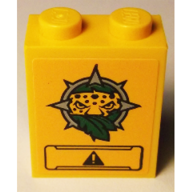 bright light orange brick 1 x 2 x 2 with inside stud holder with leopard head leaves and black panel with exclamation mark pattern sticker - set 60158