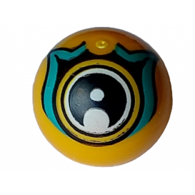 bright light orange technic ball joint with dark turquoise black and white dragon eye pattern