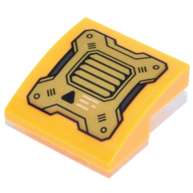 bright light orange slope curved 2 x 2 x 2 3 inverted with black gold and dark bluish gray mechanical panel with vent triangle and white lines pattern sticker - set 71837