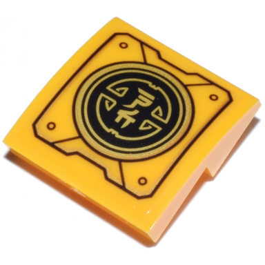 bright light orange slope curved 2 x 2 x 2 3 inverted with mechanical panel with ninjago logogram letter n and c on black and gold circle pattern sticker - set 71837