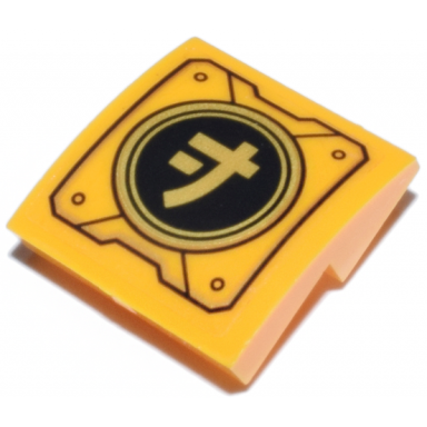 bright light orange slope curved 2 x 2 x 2 3 inverted with mechanical panel with ninjago logogram letter j on black and gold circle pattern sticker - set 71837