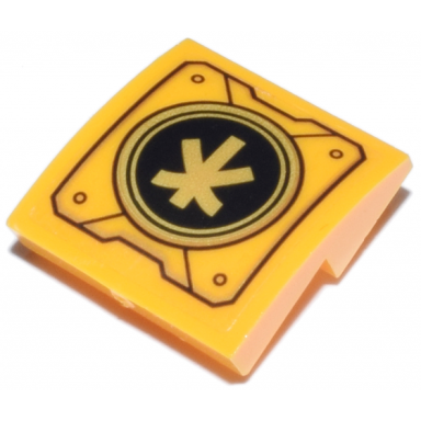 bright light orange slope curved 2 x 2 x 2 3 inverted with mechanical panel with ninjago logogram letter k on black and gold circle pattern sticker - set 71837