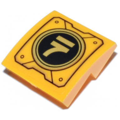 bright light orange slope curved 2 x 2 x 2 3 inverted with mechanical panel with ninjago logogram letter n on black and gold circle pattern sticker - set 71837
