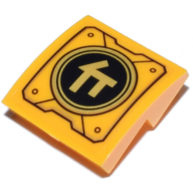 bright light orange slope curved 2 x 2 x 2 3 inverted with mechanical panel with ninjago logogram letter c on black and gold circle pattern sticker - set 71837