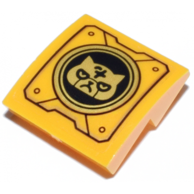 bright light orange slope curved 2 x 2 x 2 3 inverted with mechanical panel with cat head with ninjago logogram letter s on black and gold circle pattern sticker - set 71837